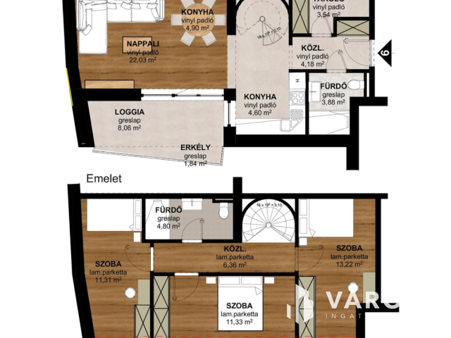 Belső 2 szintes, 4 szobás lakás loggia-val (96 m² + 10 m²)
